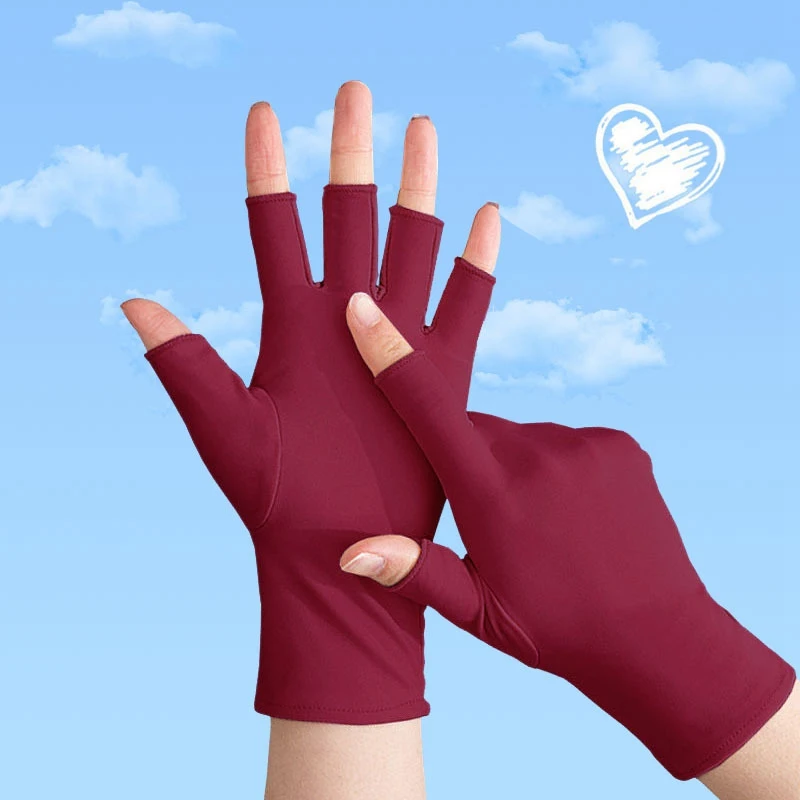 1 Pair Women Casual Elastic Anti-UV Half Finger Gloves Black White Gray Summer Cool Thin Short Cycling Driving Mittens