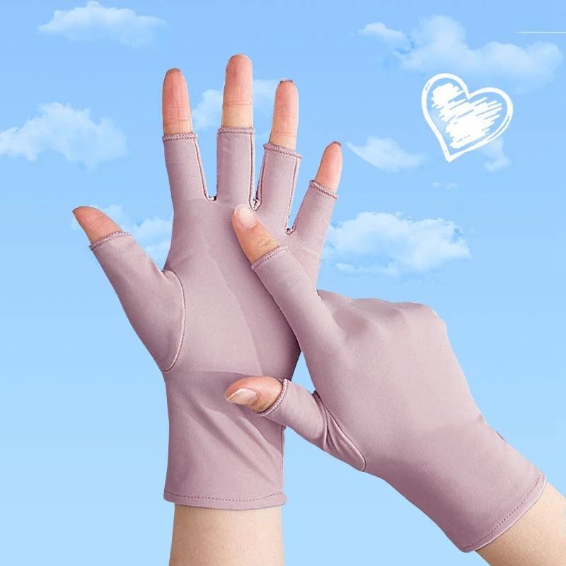 1 Pair Women Casual Elastic Anti-UV Half Finger Gloves Black White Gray Summer Cool Thin Short Cycling Driving Mittens