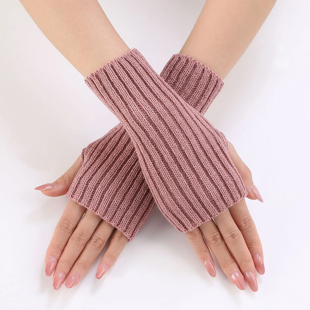 Women Half Finger Gloves Winter Knitted Arm Sleeves Fingerless Mittens Solid Color Soft Gloves Students Touch Screen Gloves