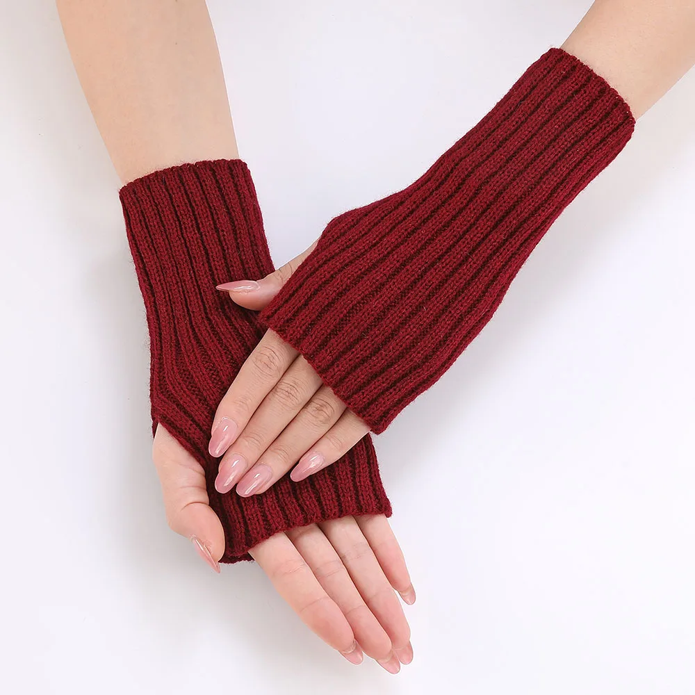 Women Half Finger Gloves Winter Knitted Arm Sleeves Fingerless Mittens Solid Color Soft Gloves Students Touch Screen Gloves