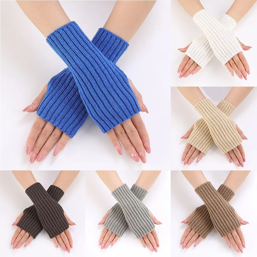 Women Half Finger Gloves Winter Knitted Arm Sleeves Fingerless Mittens Solid Color Soft Gloves Students Touch Screen Gloves
