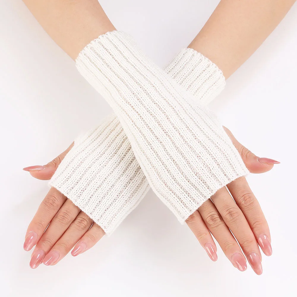 Women Half Finger Gloves Winter Knitted Arm Sleeves Fingerless Mittens Solid Color Soft Gloves Students Touch Screen Gloves