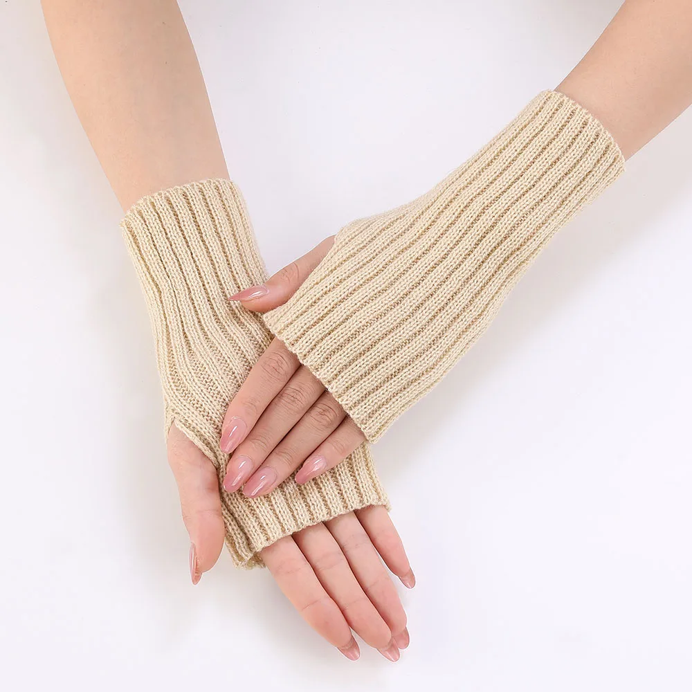 Women Half Finger Gloves Winter Knitted Arm Sleeves Fingerless Mittens Solid Color Soft Gloves Students Touch Screen Gloves