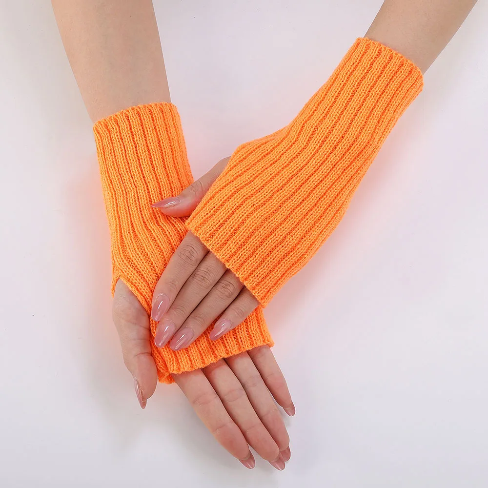 Women Half Finger Gloves Winter Knitted Arm Sleeves Fingerless Mittens Solid Color Soft Gloves Students Touch Screen Gloves