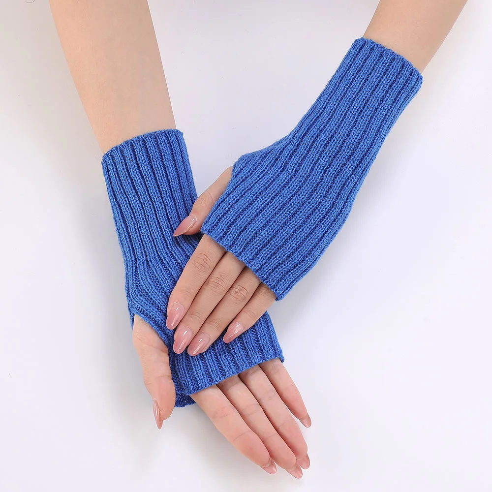 Women Half Finger Gloves Winter Knitted Arm Sleeves Fingerless Mittens Solid Color Soft Gloves Students Touch Screen Gloves