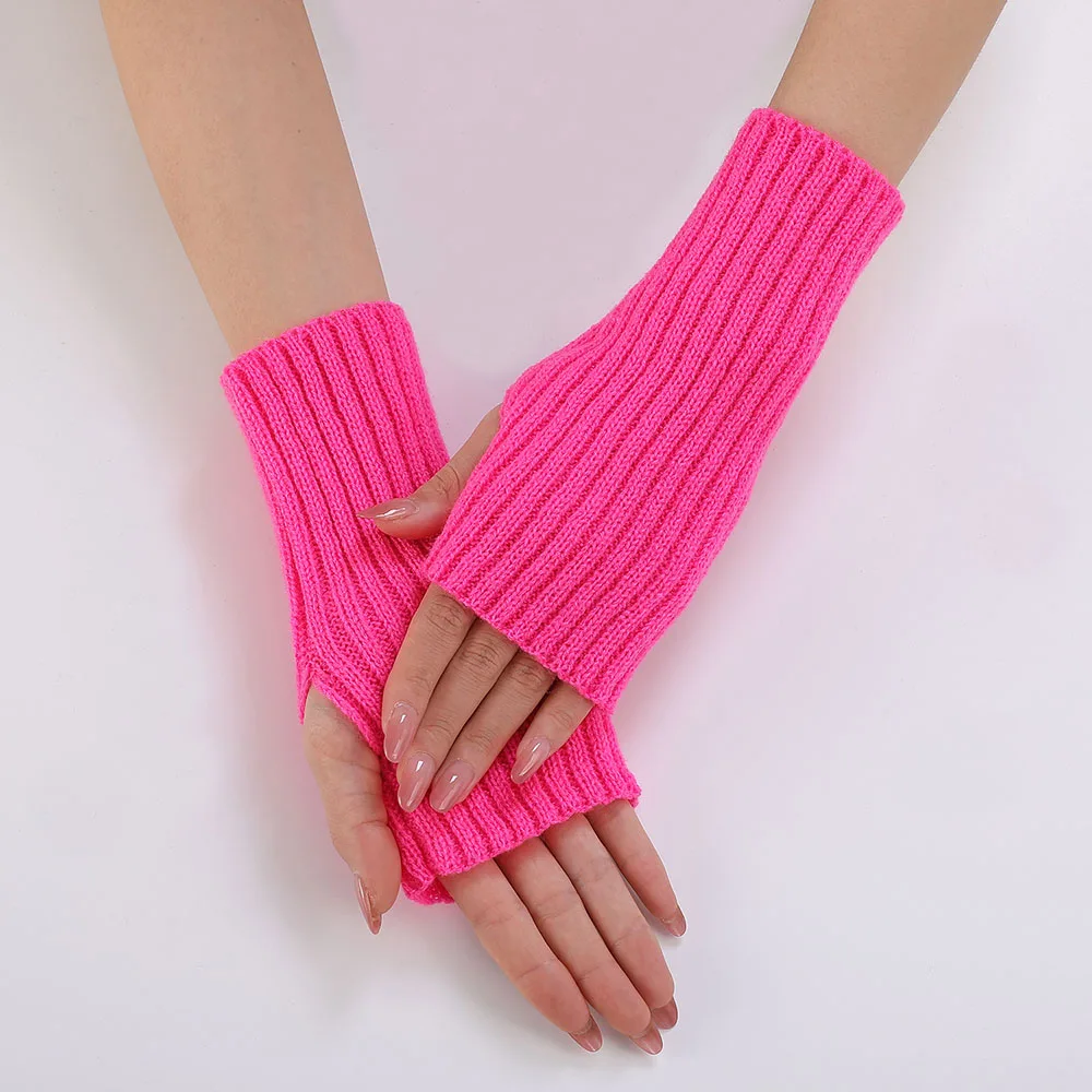Women Half Finger Gloves Winter Knitted Arm Sleeves Fingerless Mittens Solid Color Soft Gloves Students Touch Screen Gloves