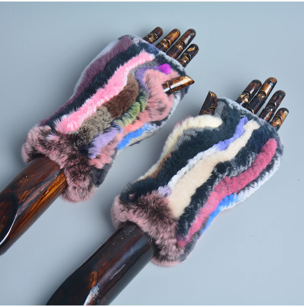 New Style Winter Girl Natural Real Rex Rabbit Fur Gloves Good Elastic Knitted Rabbit Fur Mittens Lady Real Rex Rabbit Fur Gloves