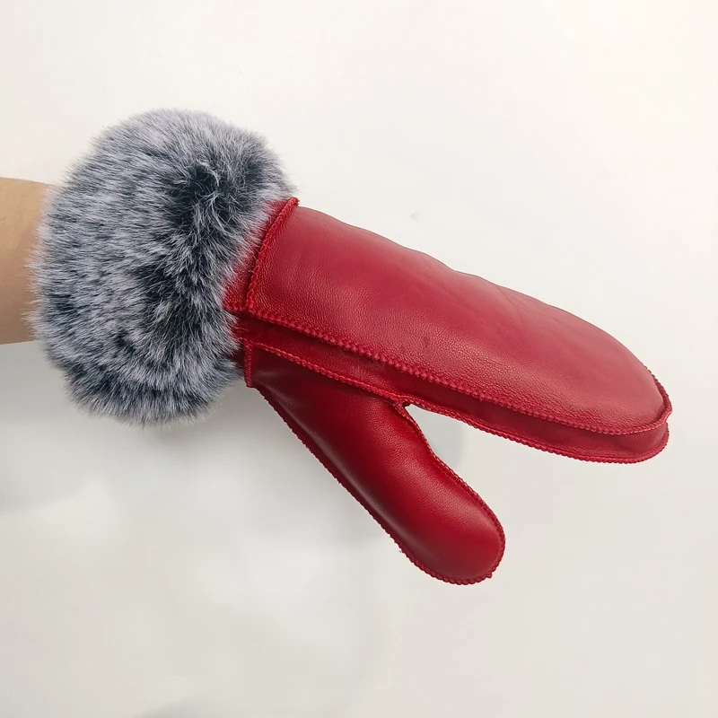 Women's Winter Sheepskin Thickened Gloves, Imitation Rex Rabbit Fur Cuffs Warmth, Mittens Cute Furry Outdoor Sport Female Gloves