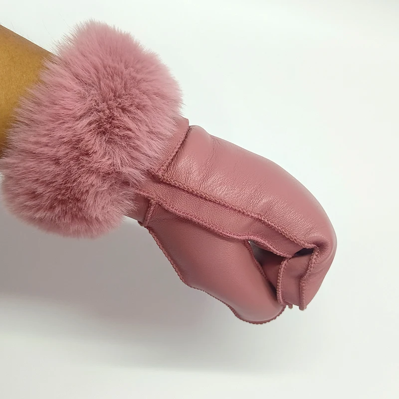 Women's Winter Sheepskin Thickened Gloves, Imitation Rex Rabbit Fur Cuffs Warmth, Mittens Cute Furry Outdoor Sport Female Gloves