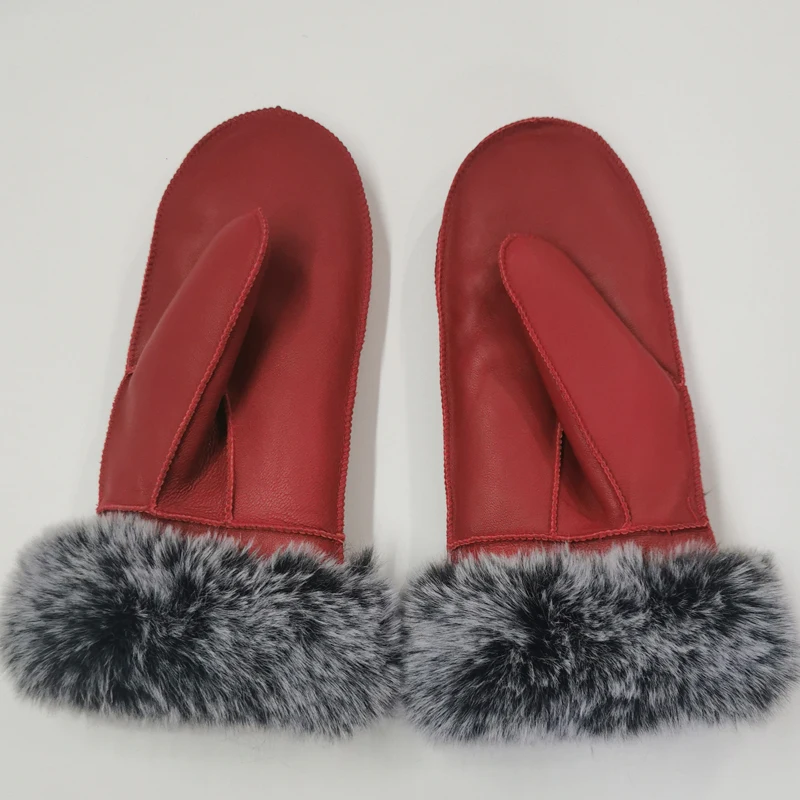 Women's Winter Sheepskin Thickened Gloves, Imitation Rex Rabbit Fur Cuffs Warmth, Mittens Cute Furry Outdoor Sport Female Gloves