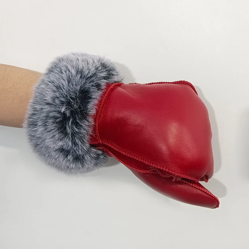 Women's Winter Sheepskin Thickened Gloves, Imitation Rex Rabbit Fur Cuffs Warmth, Mittens Cute Furry Outdoor Sport Female Gloves