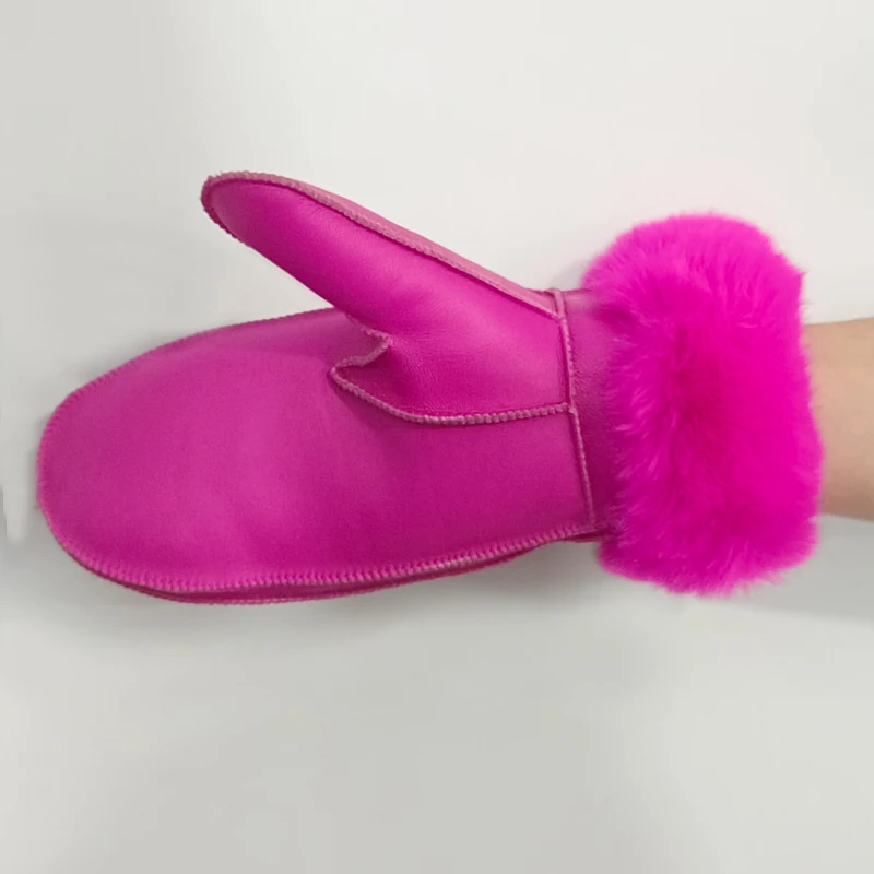 Women's Winter Sheepskin Thickened Gloves, Imitation Rex Rabbit Fur Cuffs Warmth, Mittens Cute Furry Outdoor Sport Female Gloves