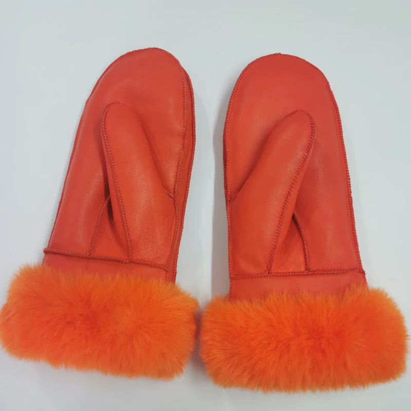 Women's Winter Sheepskin Thickened Gloves, Imitation Rex Rabbit Fur Cuffs Warmth, Mittens Cute Furry Outdoor Sport Female Gloves