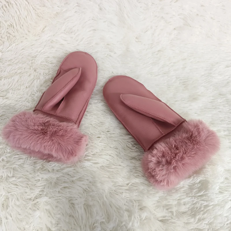 Women's Winter Sheepskin Thickened Gloves, Imitation Rex Rabbit Fur Cuffs Warmth, Mittens Cute Furry Outdoor Sport Female Gloves
