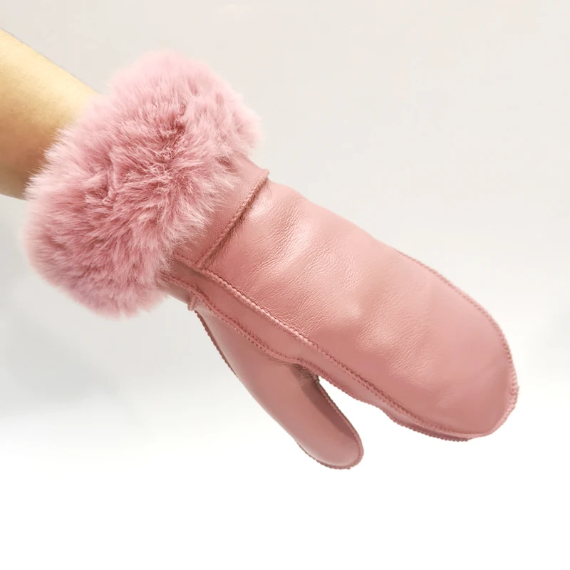 Women's Winter Sheepskin Thickened Gloves, Imitation Rex Rabbit Fur Cuffs Warmth, Mittens Cute Furry Outdoor Sport Female Gloves