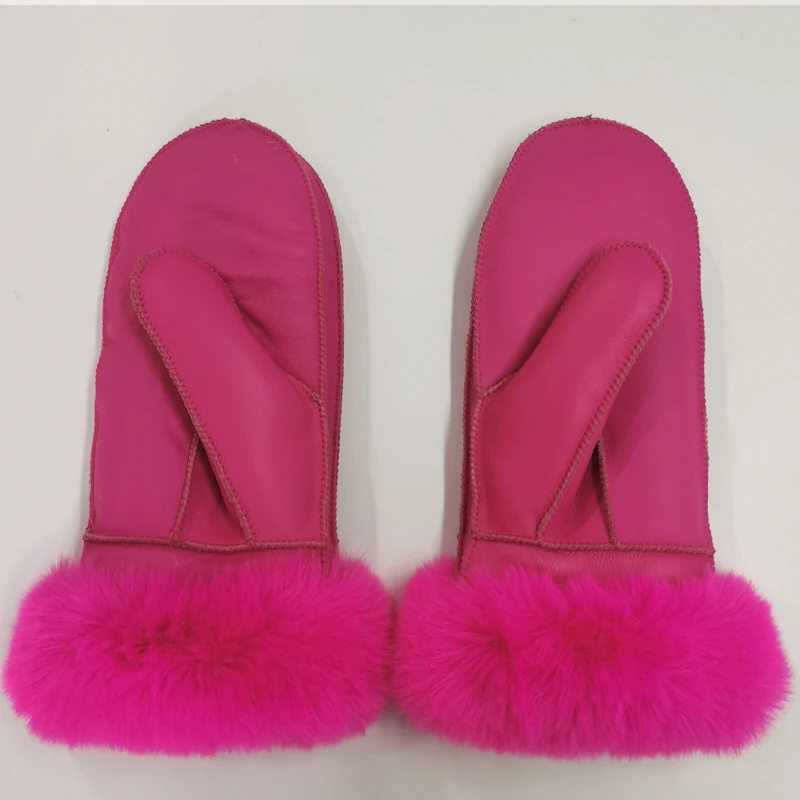 Women's Winter Sheepskin Thickened Gloves, Imitation Rex Rabbit Fur Cuffs Warmth, Mittens Cute Furry Outdoor Sport Female Gloves