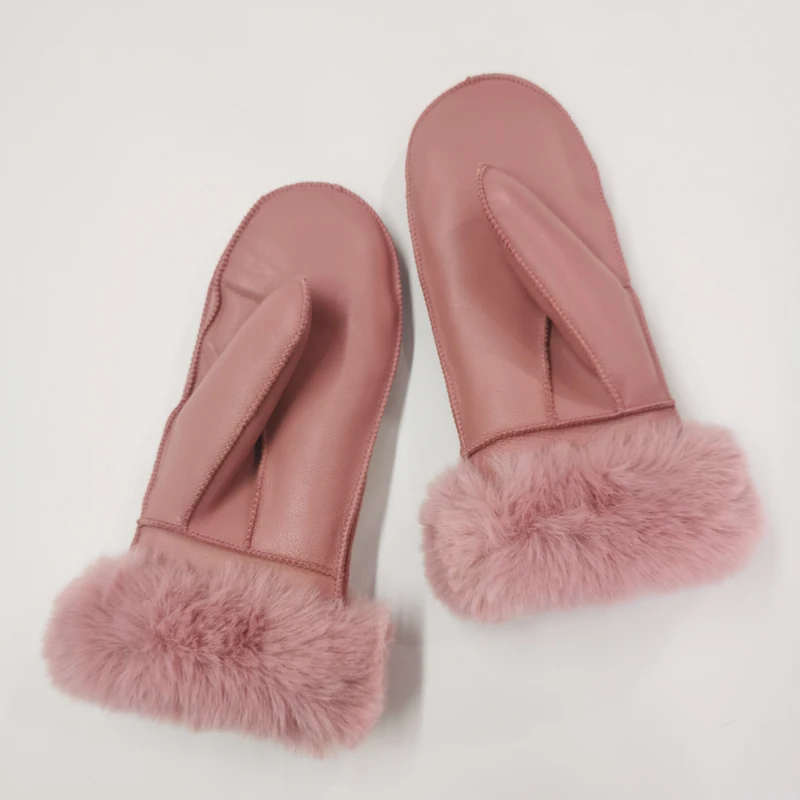 Women's Winter Sheepskin Thickened Gloves, Imitation Rex Rabbit Fur Cuffs Warmth, Mittens Cute Furry Outdoor Sport Female Gloves