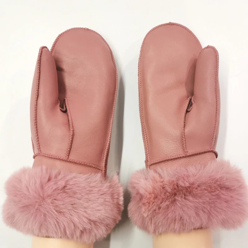 Women's Winter Sheepskin Thickened Gloves, Imitation Rex Rabbit Fur Cuffs Warmth, Mittens Cute Furry Outdoor Sport Female Gloves