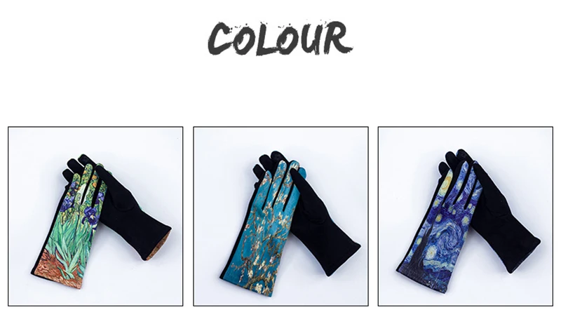 Fashion Oil Painting Suede Leather Print Touch Screen Full Finger Driving Mitten Women Winter Plus Velvet Warm Cycling Glove K96