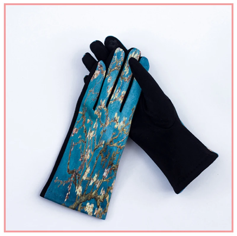 Fashion Oil Painting Suede Leather Print Touch Screen Full Finger Driving Mitten Women Winter Plus Velvet Warm Cycling Glove K96