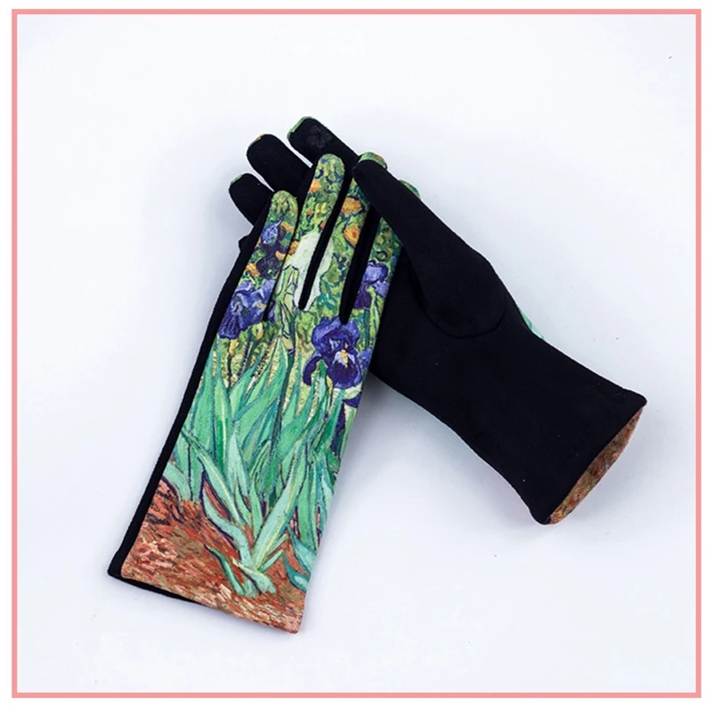 Fashion Oil Painting Suede Leather Print Touch Screen Full Finger Driving Mitten Women Winter Plus Velvet Warm Cycling Glove K96