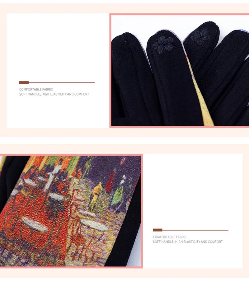 Fashion Oil Painting Suede Leather Print Touch Screen Full Finger Driving Mitten Women Winter Plus Velvet Warm Cycling Glove K96