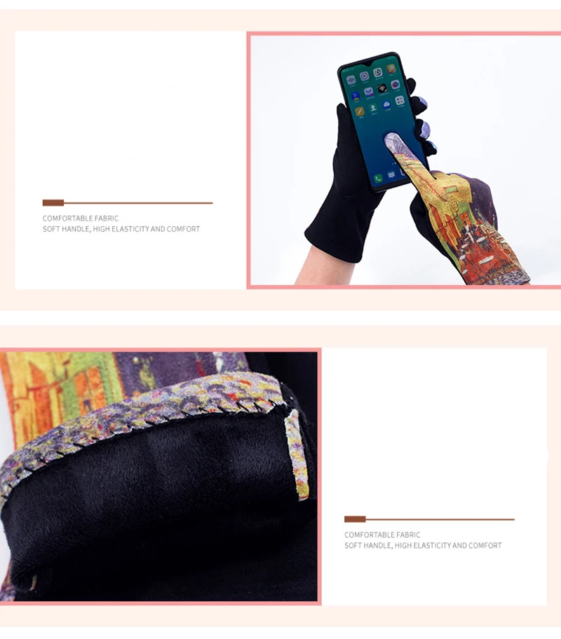 Fashion Oil Painting Suede Leather Print Touch Screen Full Finger Driving Mitten Women Winter Plus Velvet Warm Cycling Glove K96