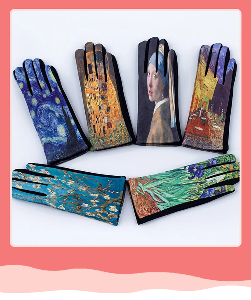 Fashion Oil Painting Suede Leather Print Touch Screen Full Finger Driving Mitten Women Winter Plus Velvet Warm Cycling Glove K96