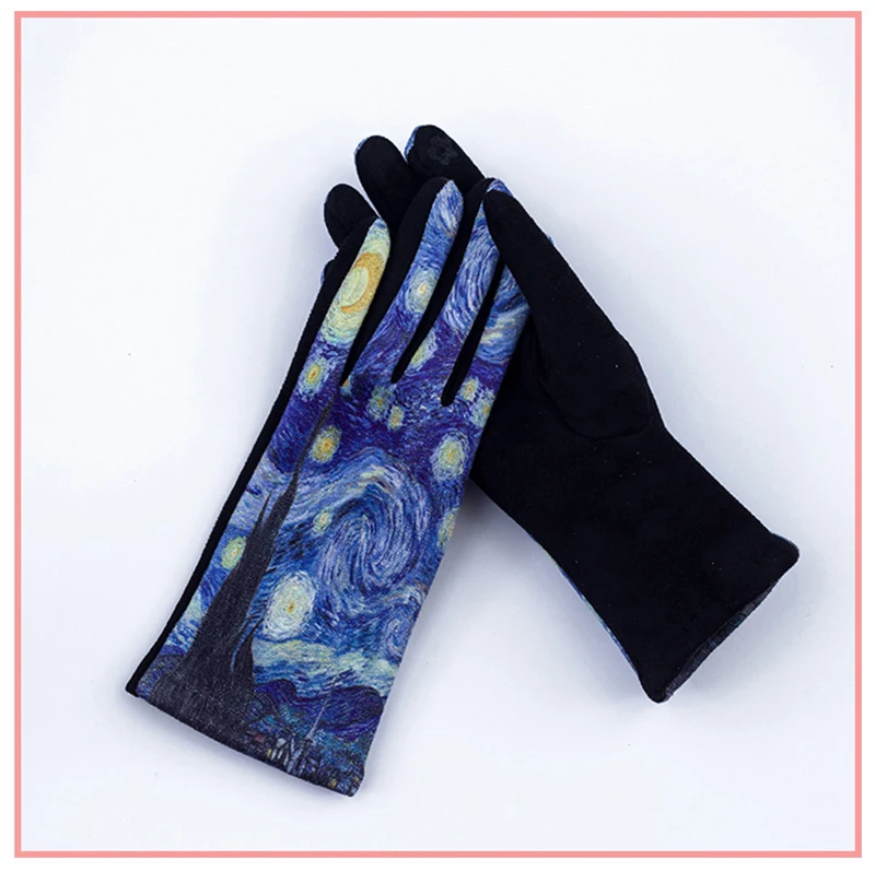 Fashion Oil Painting Suede Leather Print Touch Screen Full Finger Driving Mitten Women Winter Plus Velvet Warm Cycling Glove K96
