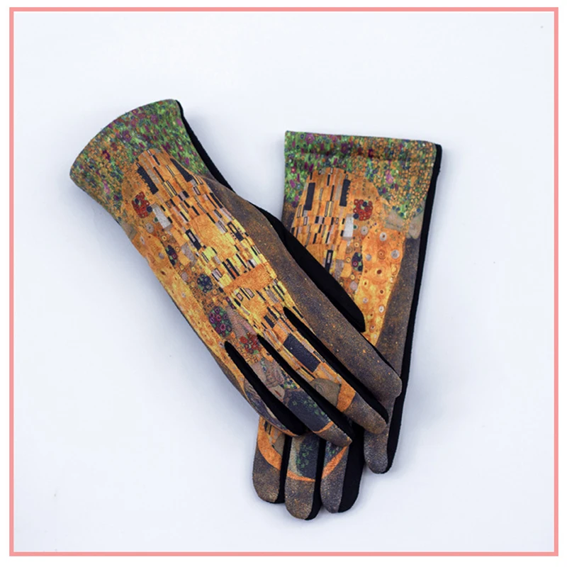 Fashion Oil Painting Suede Leather Print Touch Screen Full Finger Driving Mitten Women Winter Plus Velvet Warm Cycling Glove K96