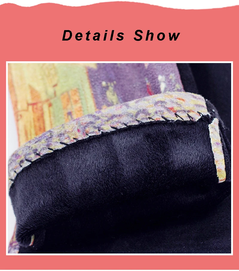 Fashion Oil Painting Suede Leather Print Touch Screen Full Finger Driving Mitten Women Winter Plus Velvet Warm Cycling Glove K96