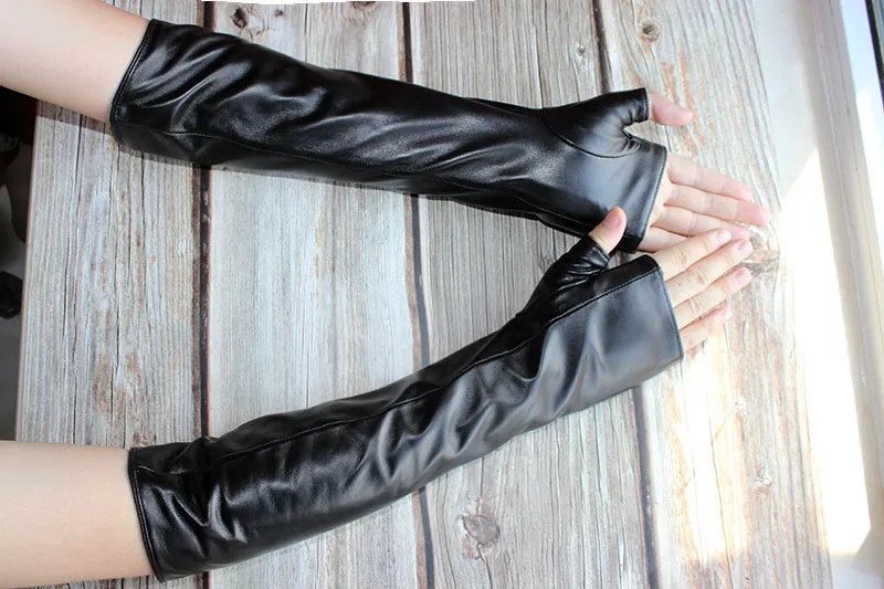 Long Sheepskin Fingerless Gloves Women's Half Finger Gloves Ladies Fashion All-match Autumn Warm Leather Sleeves