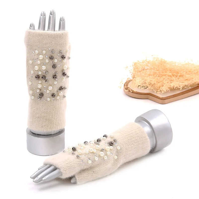 Winter Rabbit Fur Thicken Warm Knit Gloves Fashion Women Elasticity Diamonds Pearl Half Finger Touch Screen Gloves H22