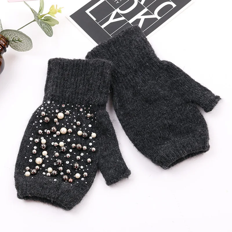 Winter Rabbit Fur Thicken Warm Knit Gloves Fashion Women Elasticity Diamonds Pearl Half Finger Touch Screen Gloves H22