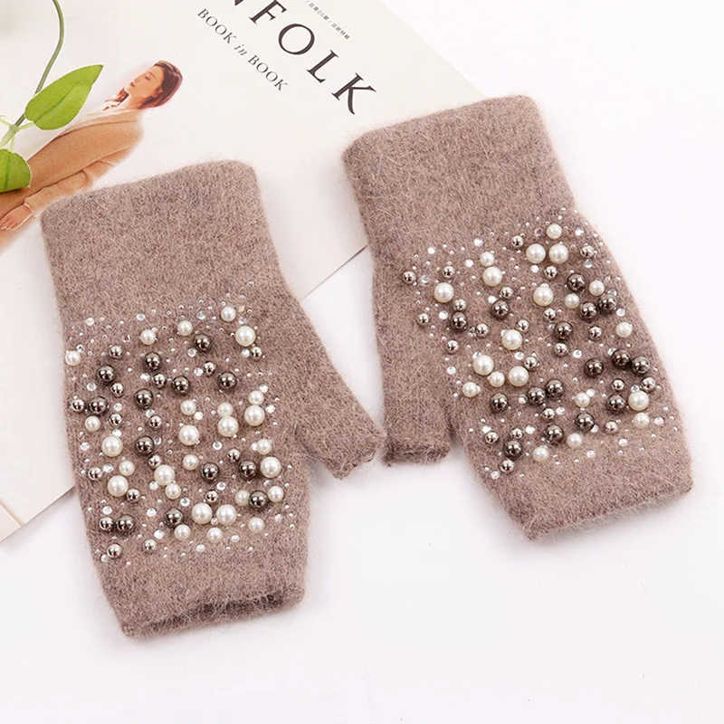 Winter Rabbit Fur Thicken Warm Knit Gloves Fashion Women Elasticity Diamonds Pearl Half Finger Touch Screen Gloves H22