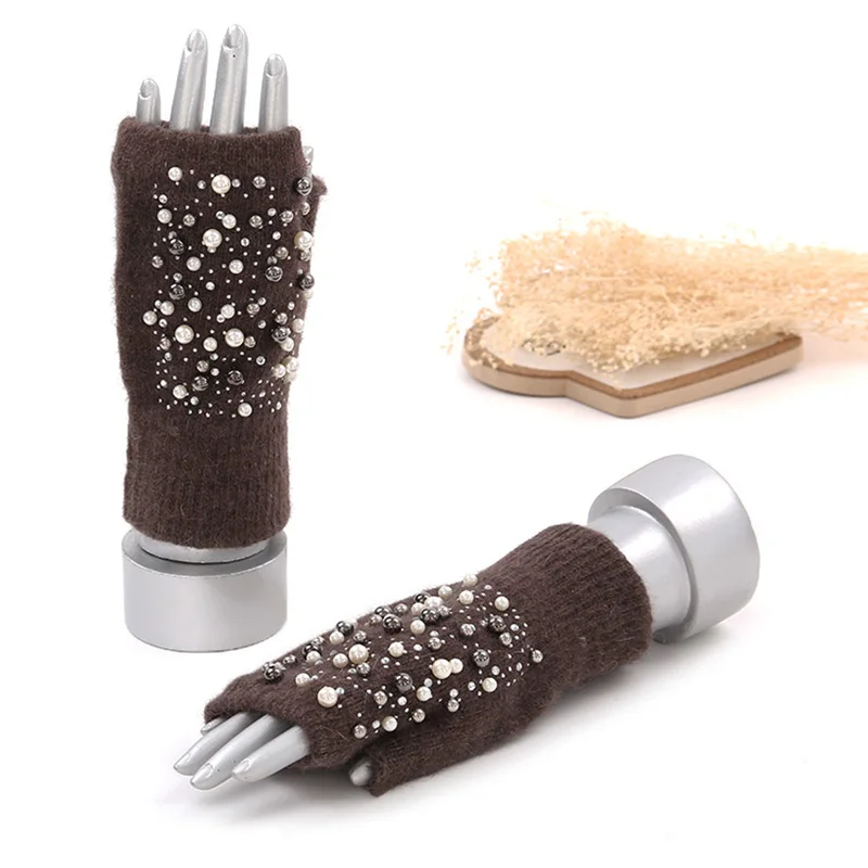 Winter Rabbit Fur Thicken Warm Knit Gloves Fashion Women Elasticity Diamonds Pearl Half Finger Touch Screen Gloves H22