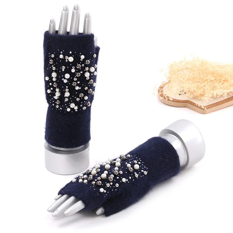Winter Rabbit Fur Thicken Warm Knit Gloves Fashion Women Elasticity Diamonds Pearl Half Finger Touch Screen Gloves H22