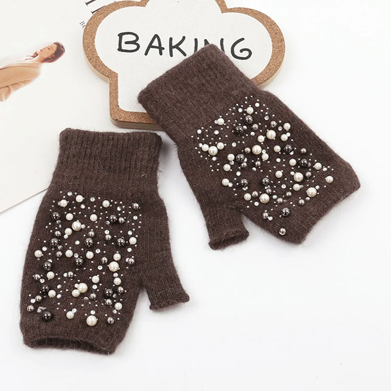 Winter Rabbit Fur Thicken Warm Knit Gloves Fashion Women Elasticity Diamonds Pearl Half Finger Touch Screen Gloves H22