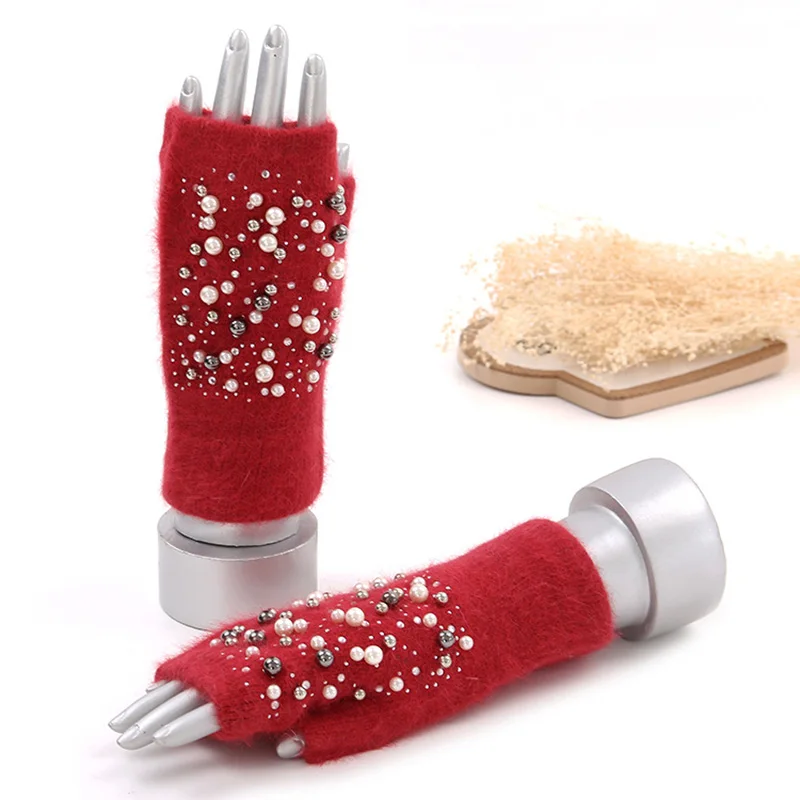 Winter Rabbit Fur Thicken Warm Knit Gloves Fashion Women Elasticity Diamonds Pearl Half Finger Touch Screen Gloves H22