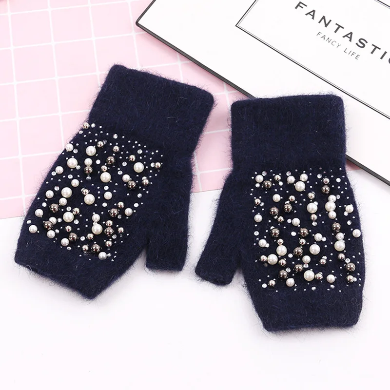 Winter Rabbit Fur Thicken Warm Knit Gloves Fashion Women Elasticity Diamonds Pearl Half Finger Touch Screen Gloves H22