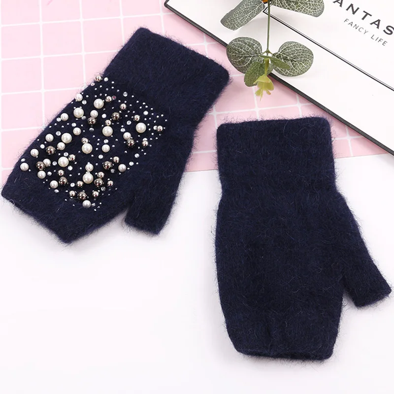 Winter Rabbit Fur Thicken Warm Knit Gloves Fashion Women Elasticity Diamonds Pearl Half Finger Touch Screen Gloves H22
