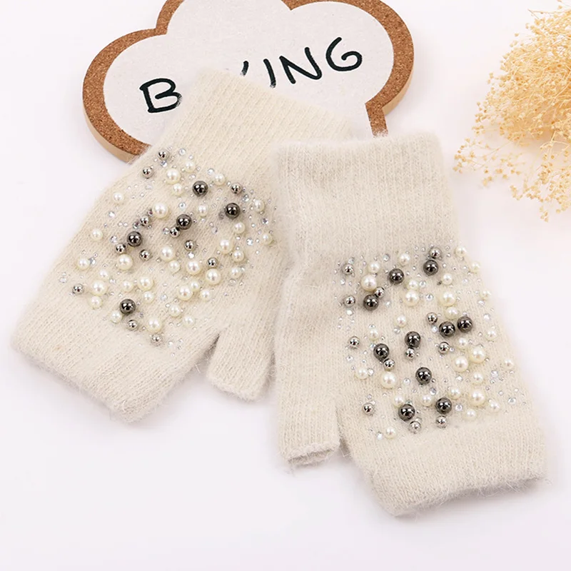Winter Rabbit Fur Thicken Warm Knit Gloves Fashion Women Elasticity Diamonds Pearl Half Finger Touch Screen Gloves H22