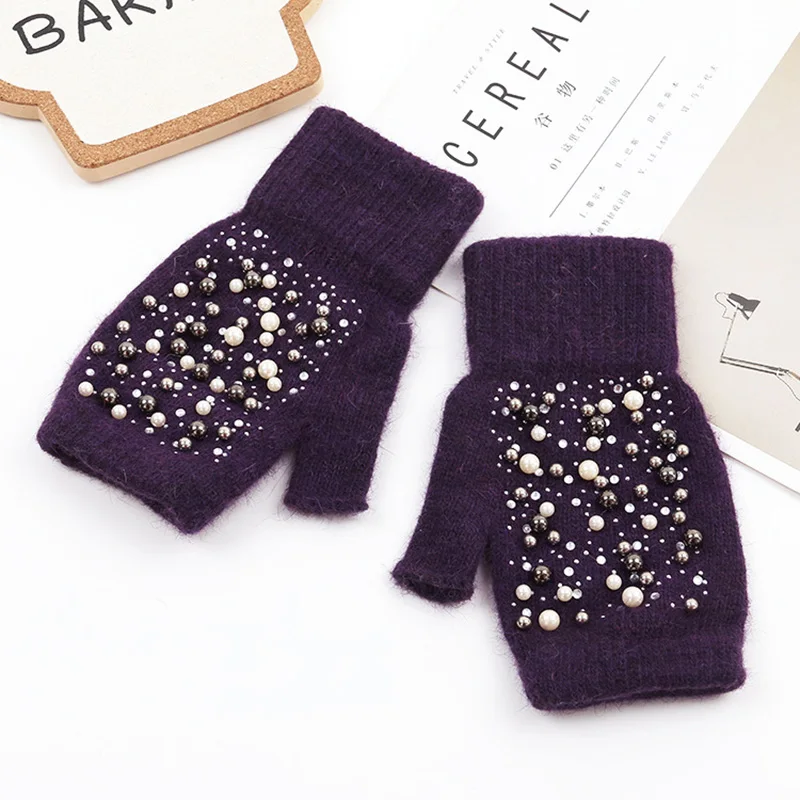 Winter Rabbit Fur Thicken Warm Knit Gloves Fashion Women Elasticity Diamonds Pearl Half Finger Touch Screen Gloves H22