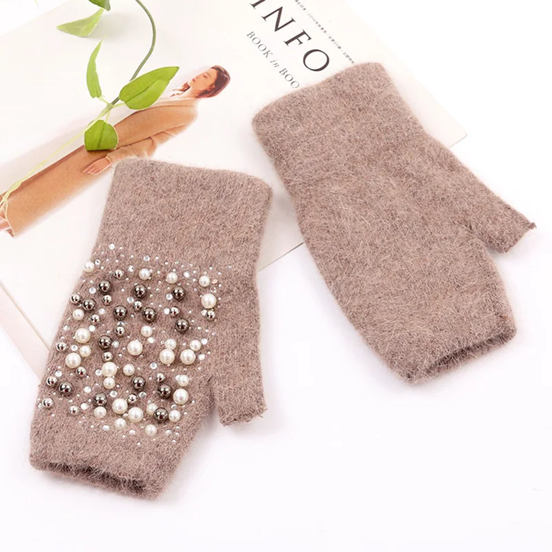 Winter Rabbit Fur Thicken Warm Knit Gloves Fashion Women Elasticity Diamonds Pearl Half Finger Touch Screen Gloves H22