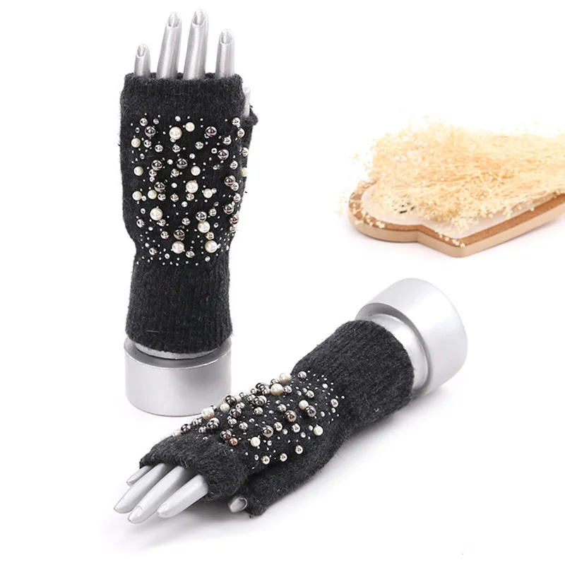 Winter Rabbit Fur Thicken Warm Knit Gloves Fashion Women Elasticity Diamonds Pearl Half Finger Touch Screen Gloves H22