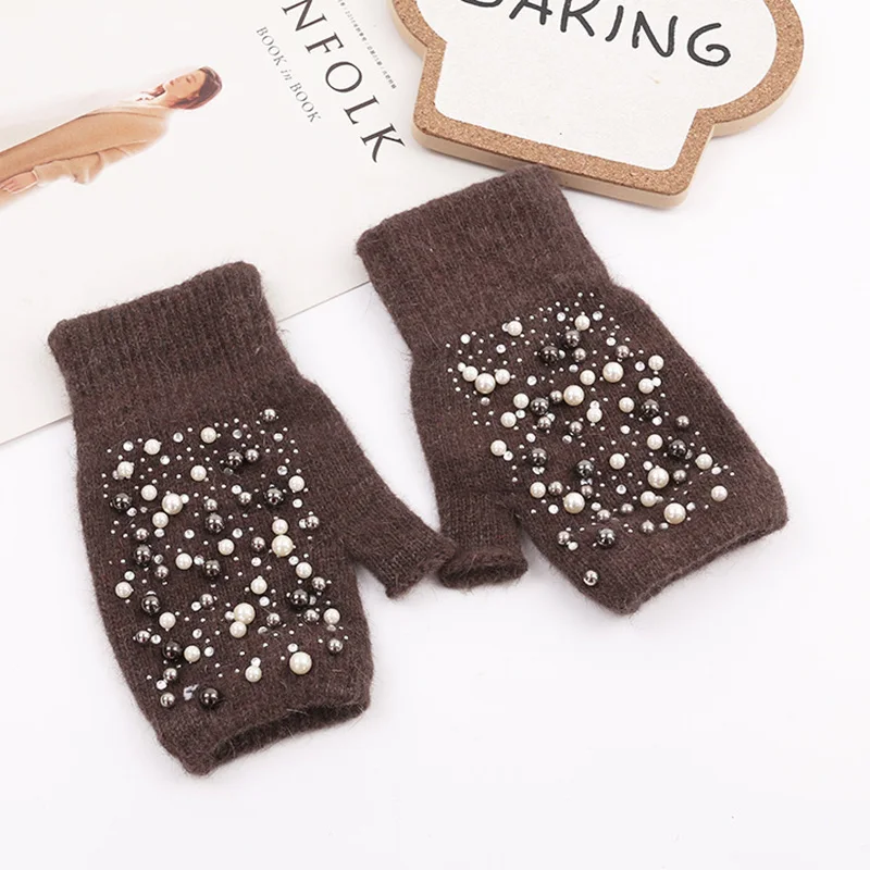 Winter Rabbit Fur Thicken Warm Knit Gloves Fashion Women Elasticity Diamonds Pearl Half Finger Touch Screen Gloves H22