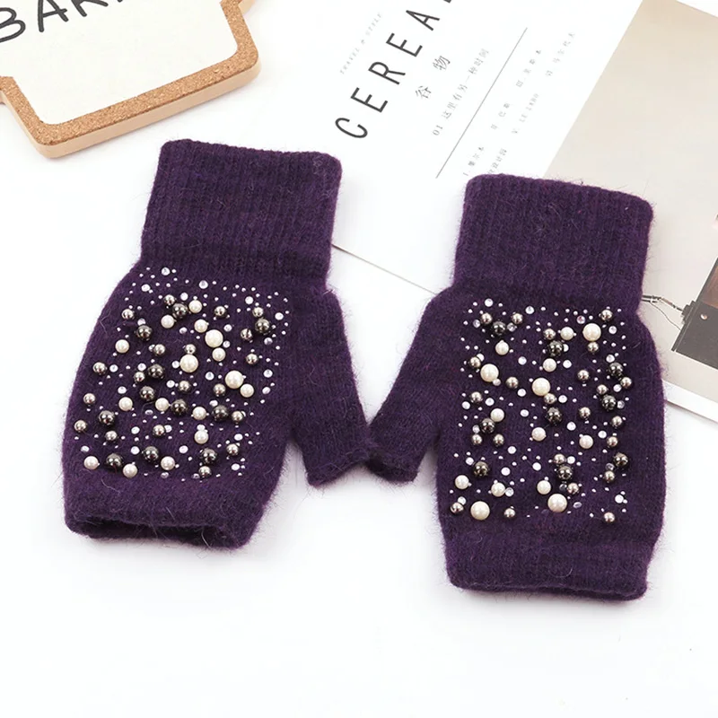 Winter Rabbit Fur Thicken Warm Knit Gloves Fashion Women Elasticity Diamonds Pearl Half Finger Touch Screen Gloves H22