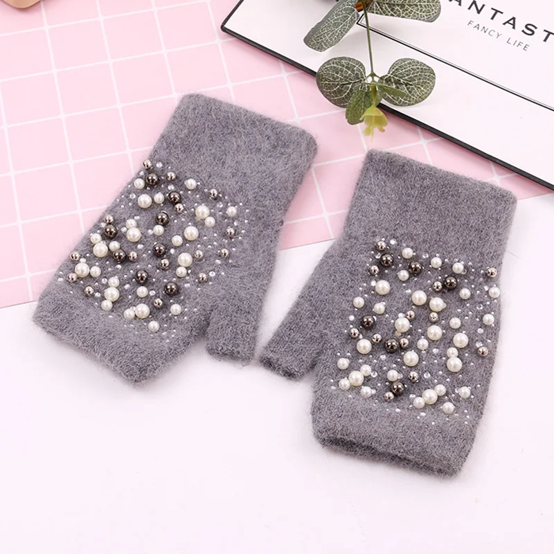 Winter Rabbit Fur Thicken Warm Knit Gloves Fashion Women Elasticity Diamonds Pearl Half Finger Touch Screen Gloves H22