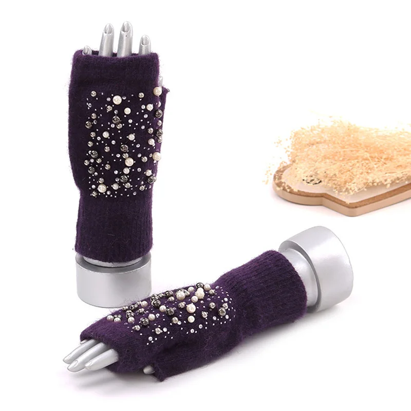 Winter Rabbit Fur Thicken Warm Knit Gloves Fashion Women Elasticity Diamonds Pearl Half Finger Touch Screen Gloves H22