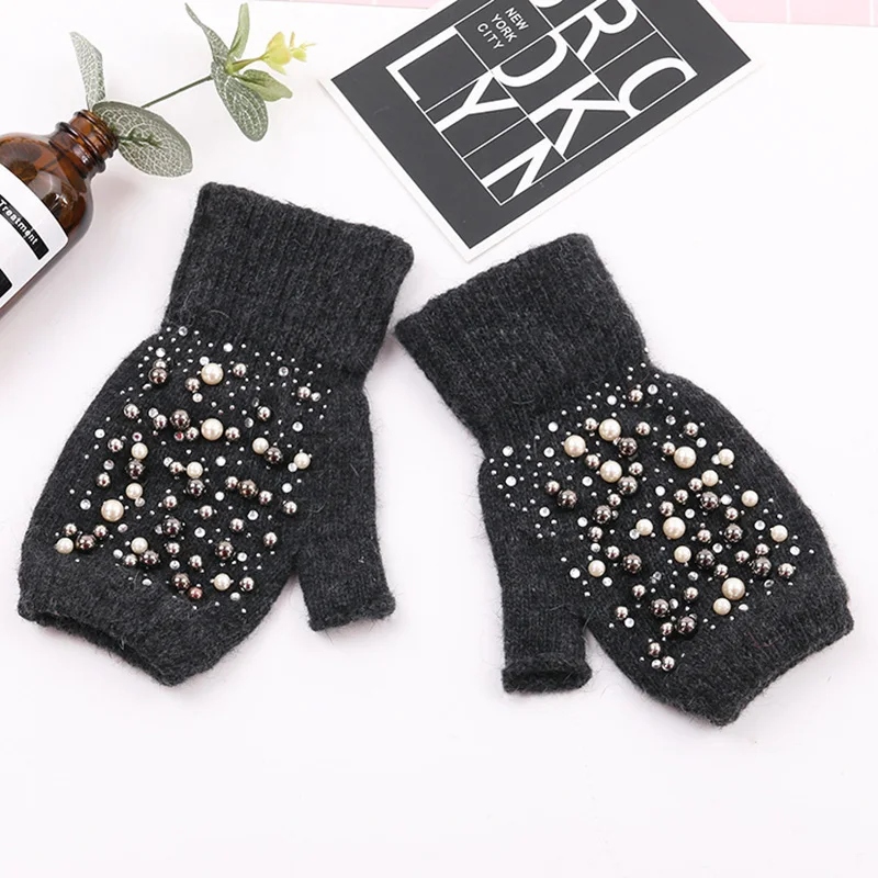 Winter Rabbit Fur Thicken Warm Knit Gloves Fashion Women Elasticity Diamonds Pearl Half Finger Touch Screen Gloves H22